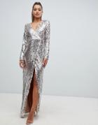 Club L Fully Embellished Sequin Wrap Front Maxi Dress-gold