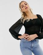 Asos Design Shirred Top With Long Sleeve - Black