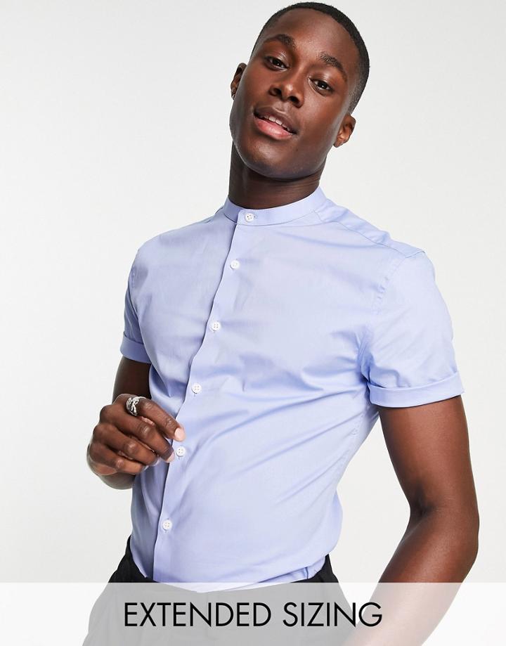 Asos Design Skinny Fit Shirt With Grandad Collar In Cornflower Blue