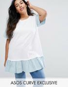 Asos Curve Tunic With Woven Frill Hem & Lace Up Back - Multi