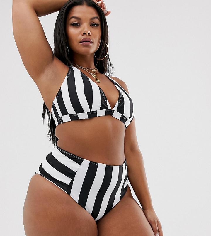 Wolf & Whistle Curve Exclusive Eco Stripe Padded Triangle Bikini Top In Black & White