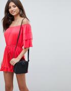 Asos Design Off Shoulder Jersey Romper With Frill Hem - Pink