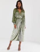 Asos Edition Sequin Wrap Midi Dress - Green