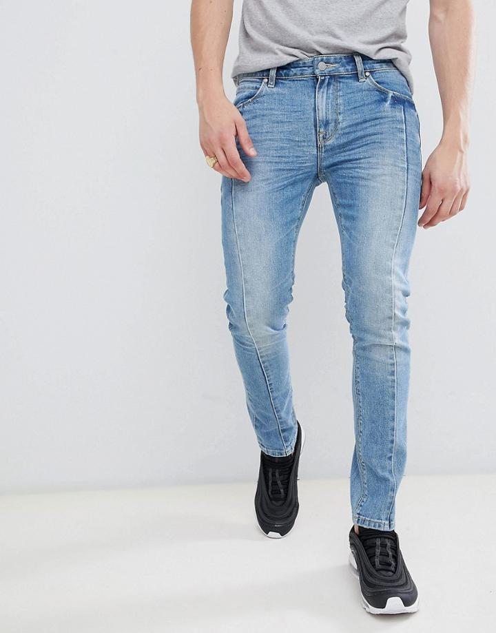 Asos Design Super Skinny Jeans In Mid Wash Blue With Cut And Sew - Blue
