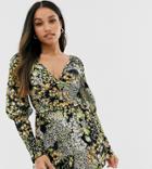 Asos Design Petite Shirred Waist And Sleeve Long Sleeve V Neck Romper In Floral Print - Multi