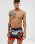 Asos Design Swim Short With Dragon Placement Print In Short Length - Blue