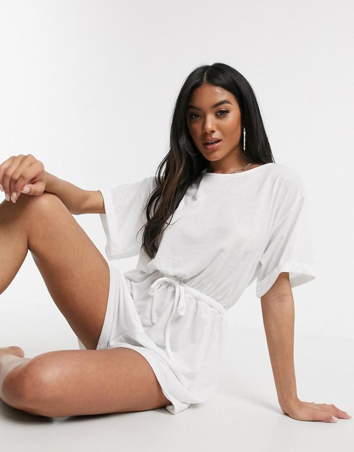 Asos Design Jersey Oversize Tee Romper With Tie Waist-white