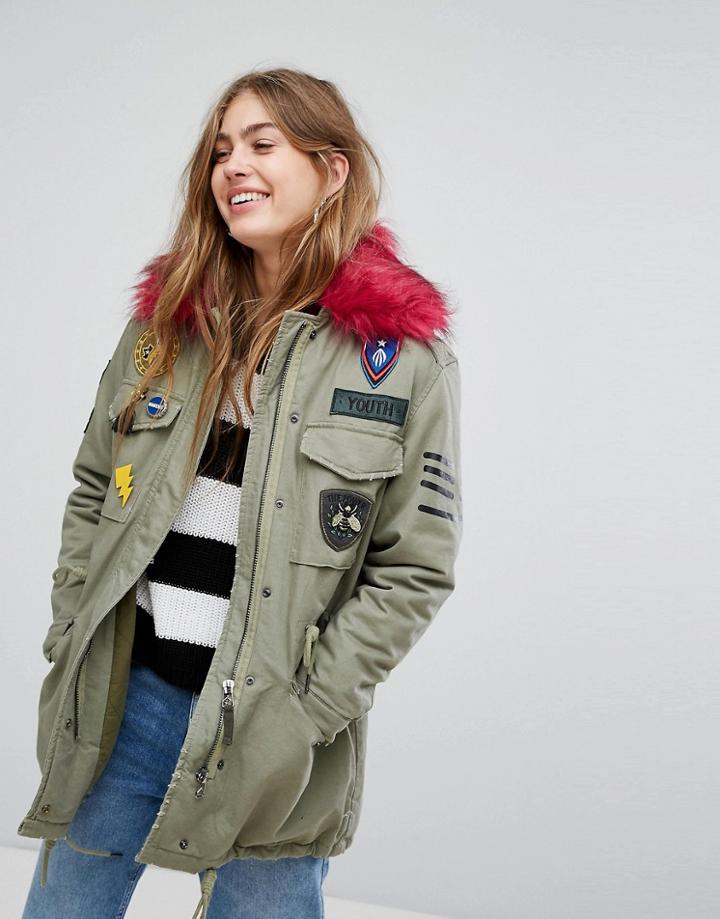 Bershka Badge And Patch Detail Parka - Green