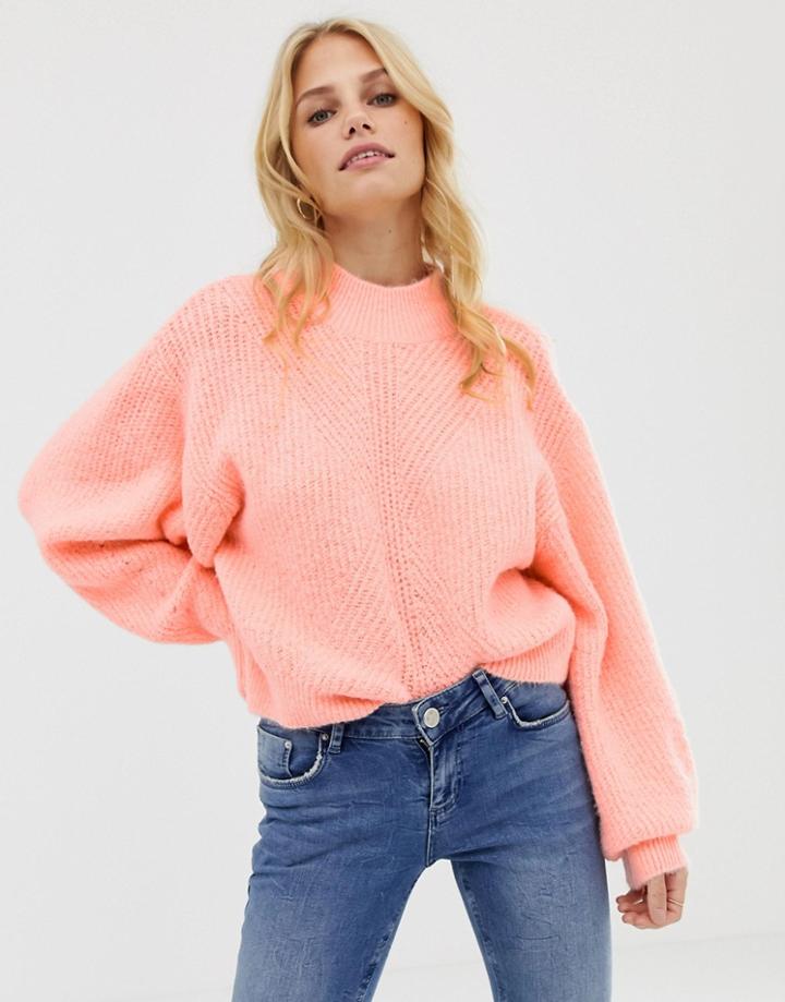 Asos Design Chunky Sweater With Stitch Detail And Balloon Sleeve - Pink