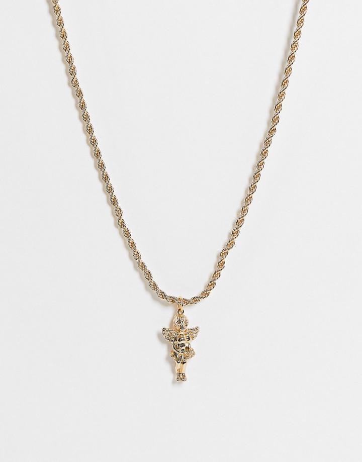 Asos Design Necklace With Cupid Pendant And Rope Chain In Gold Tone