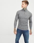 Asos Design Muscle Fit Ribbed Half Zip Sweater In Gray Twist - Gray