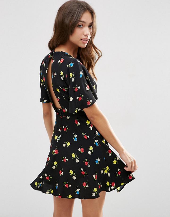 Asos Printed Tea Dress In Floral Print - Black Print