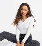 Asos Design Petite Long Sleeve Slim Fit Crop Top With Notch Neck In White