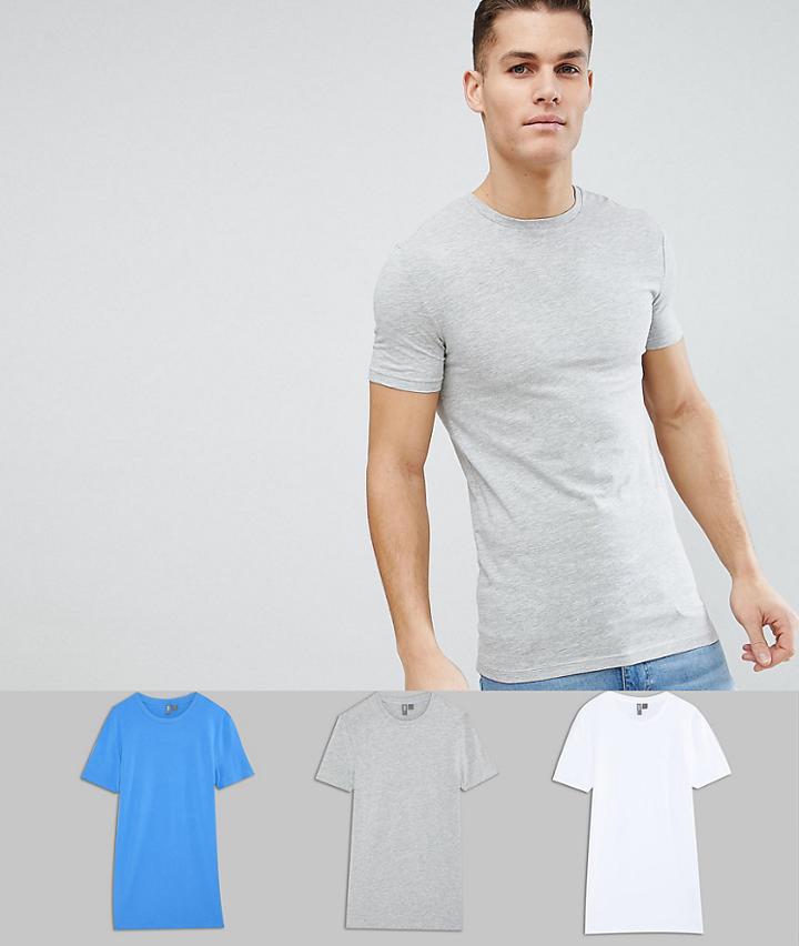 Asos Design Longline Muscle Fit T-shirt With Crew Neck And Stretch 3 Pack Save - Multi