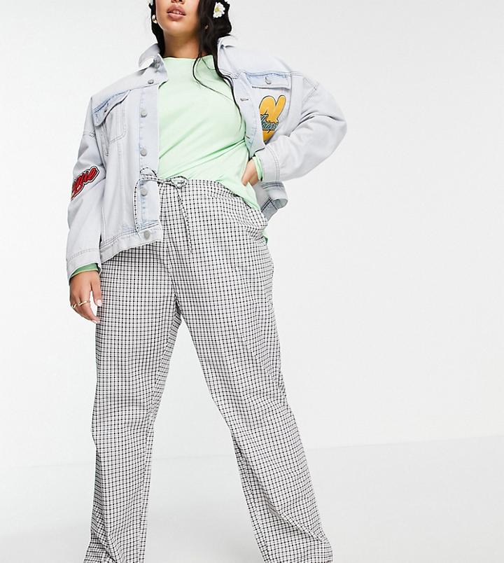 Asos Design Curve Straight Leg Pull On Poplin Pants In Mono Check-black
