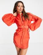Asos Design Blouson Sleeve Mini Dress With Lace Detail And Belt In Red-navy