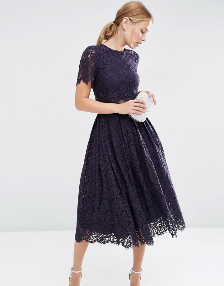 Asos Lace Crop Top Midi Prom - Blue