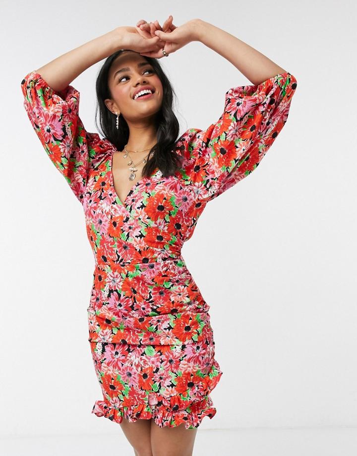Asos Design Cotton Poplin Wrap Mini Dress With Puff Sleeves In Bright Floral Print-multi