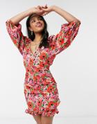 Asos Design Cotton Poplin Wrap Mini Dress With Puff Sleeves In Bright Floral Print-multi