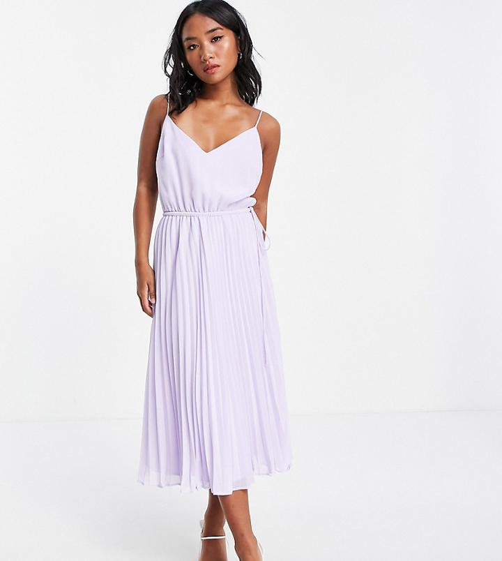 Asos Design Petite Pleated Cami Midi Dress With Drawstring Waist In Lilac-purple