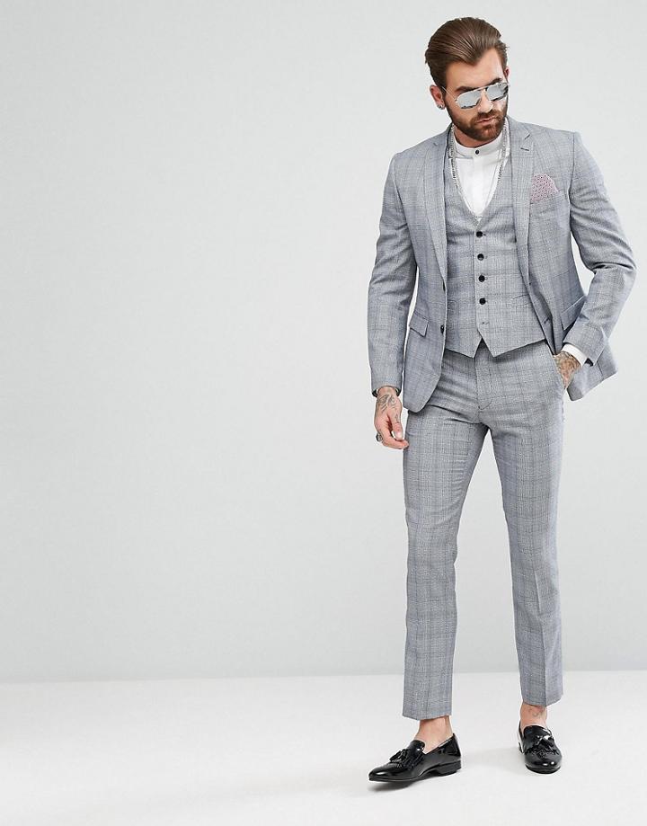 Rudie Charcoal Windowpane Check Skinny Fit Suit Pants - Gray