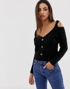 Boohoo Button Through Cold Shoulder V Neck Sweater In Black - Black