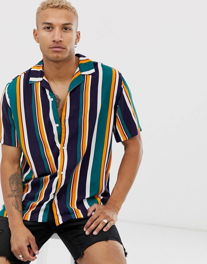 Asos Design Relaxed Retro Stripe Shirt In Green - Green