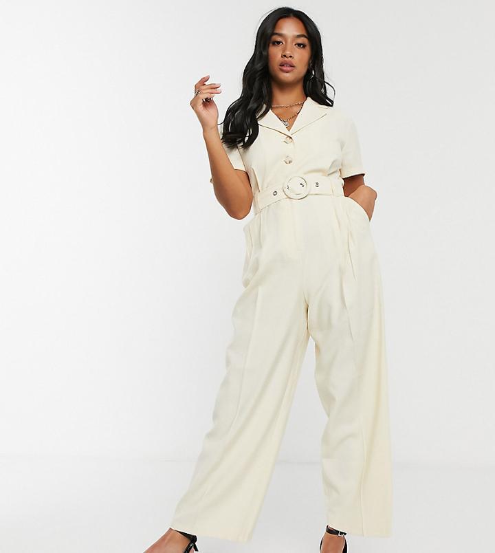 Topshop Petite Belted Jumpsuit In Cream-white
