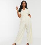 Topshop Petite Belted Jumpsuit In Cream-white
