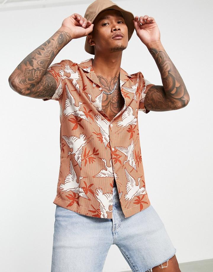 Asos Design Revere Shirt In Bird Print-orange