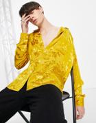 Asos Design Regular Satin Shirt In Mustard Floral Jacquard-yellow