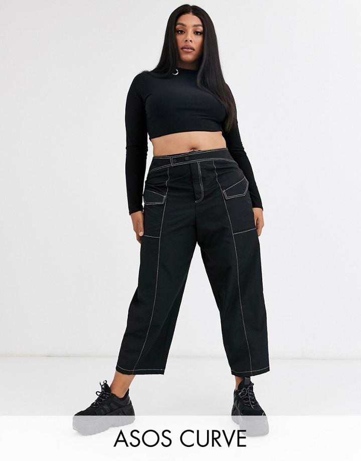 Asos Design Curve Pants With Contrast Topstitch In Shell Fabric-black