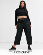 Asos Design Curve Pants With Contrast Topstitch In Shell Fabric-black
