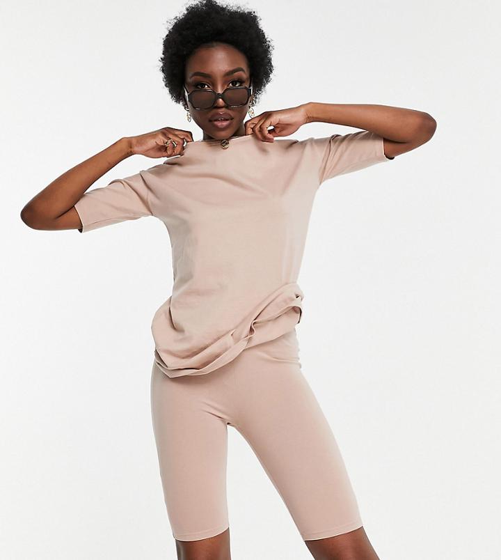Threadbare Tall Legging Shorts And Oversized T-shirt Set In Taupe-brown