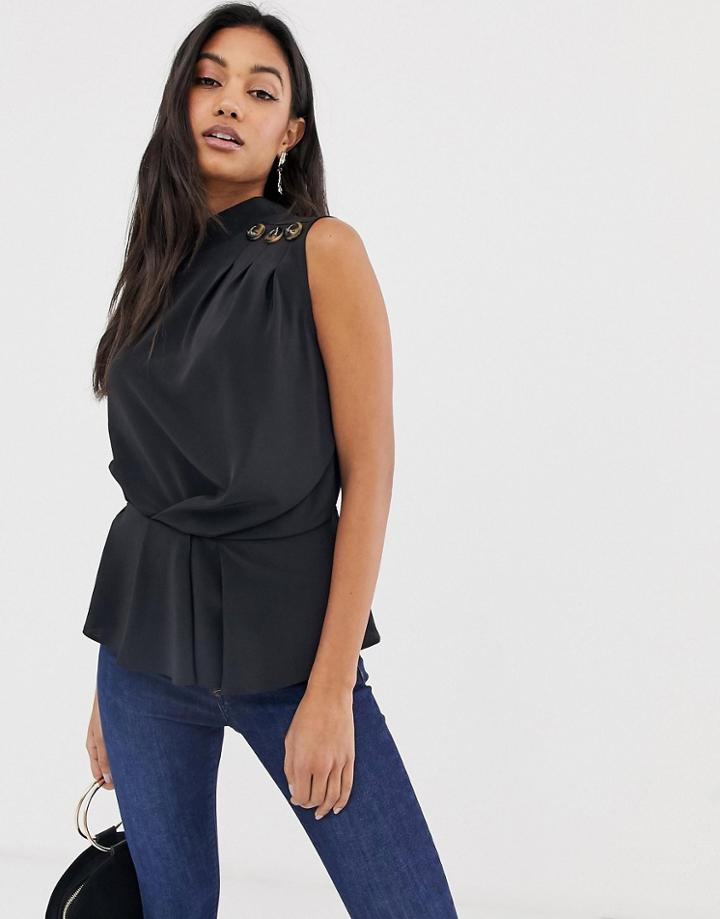 Asos Design Sleeveless Drape Front Top With Button Detail - Black