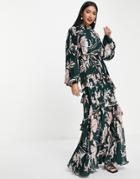 Asos Design High Neck Plisse Maxi Dress With Tiered Skirt With Pink Floral Print-multi