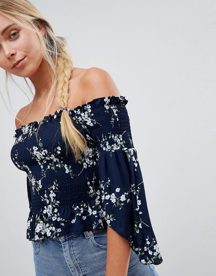 Qed London Floral Off Shoulder Crop Top - Navy