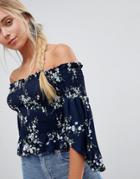 Qed London Floral Off Shoulder Crop Top - Navy