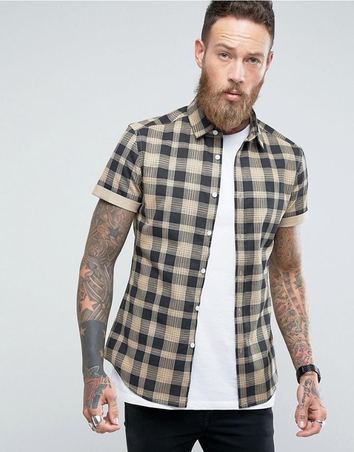 Asos Skinny Check Shirt In Camel - Beige