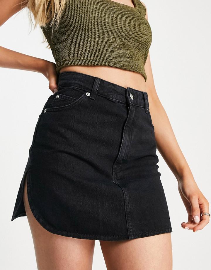 Topshop Scoop Hem High Waist Denim Mini Skirt In Washed Black
