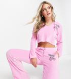 Asyou Velour Wide Leg Sweatpants With Cherry Graphic In Pink