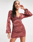 Asos Design Long Sleeve Satin Ruched Mini Plunge Twist Front Dress In Rust-multi