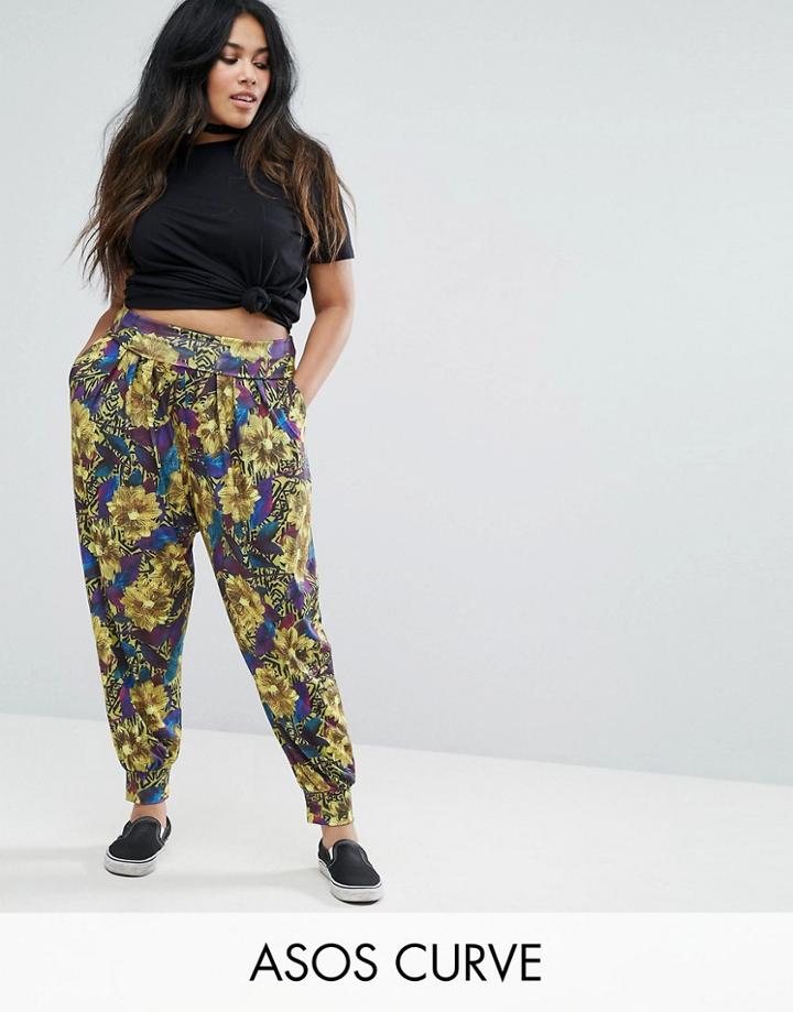 Asos Curve Tropical Print Harem Pant With Fold Over Waist - Multi