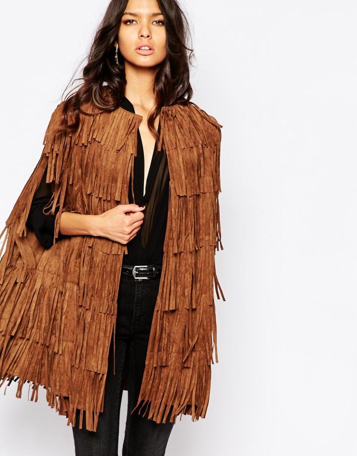 Mango Suedette Oversized Fringe Cape - Black