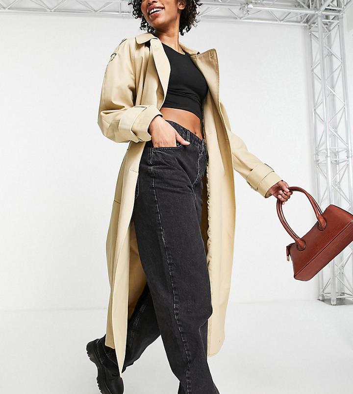 Asos Design Tall Longline Trench Coat In Stone-brown