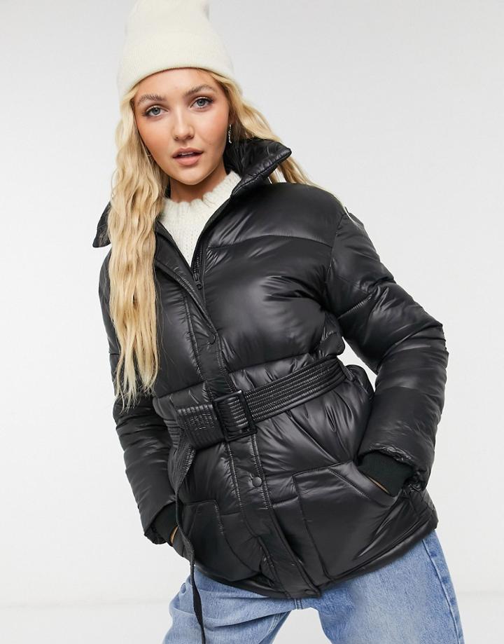 Violet Romance Pu Puffer Jacket In Black