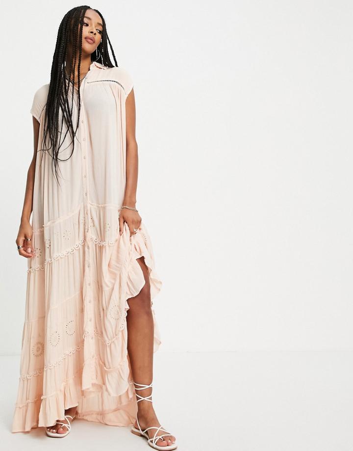 Free People Pretty Cozy Maxi Smock Dress With Ruffle Skirt-white