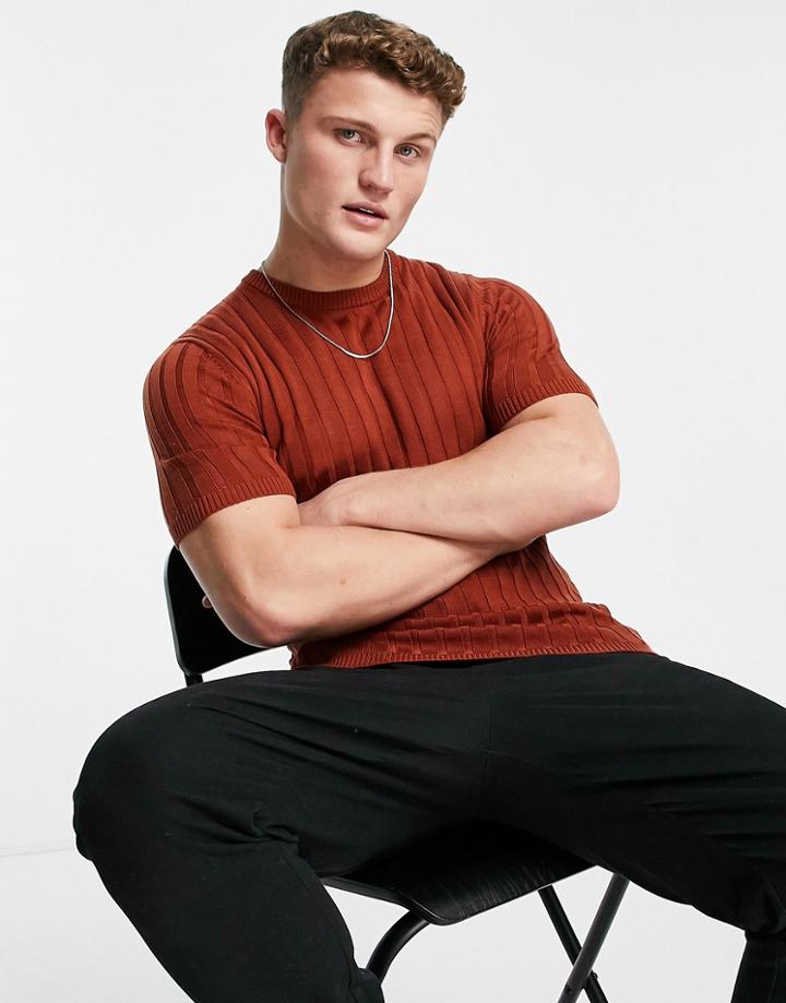 Asos Design Knitted Rib T-shirt In Rust-red