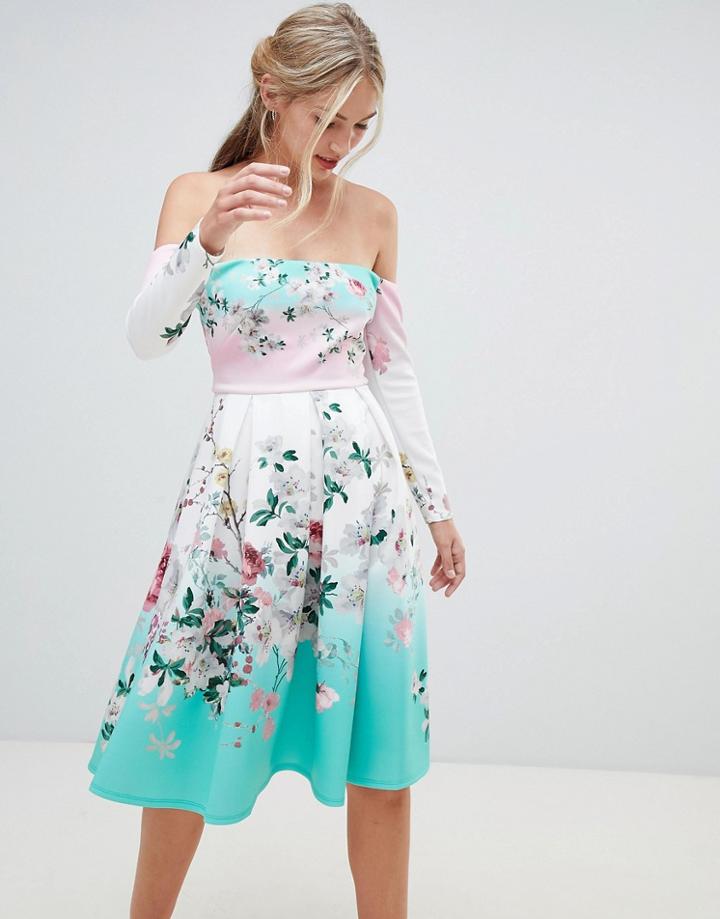 Asos Design Bardot Ombre Floral Print Midi Prom Dress - Red