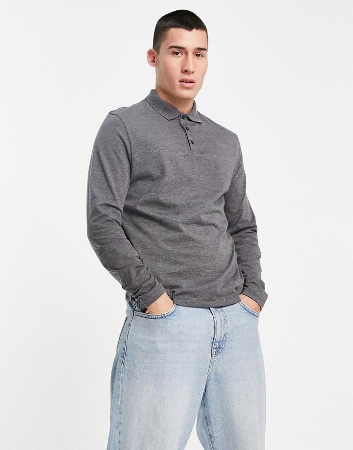 Asos Design Organic Blend Long Sleeve Jersey Polo In Charcoal Heather-gray